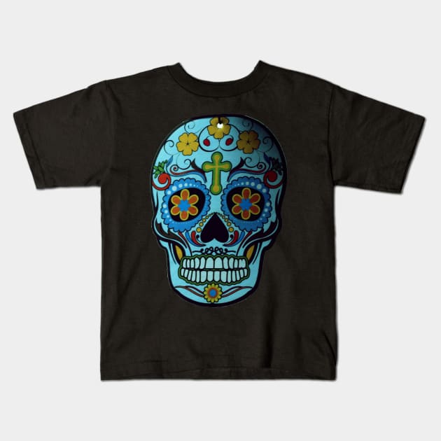 Blue Flowery Sugar Skull Kids T-Shirt by Humerushumor